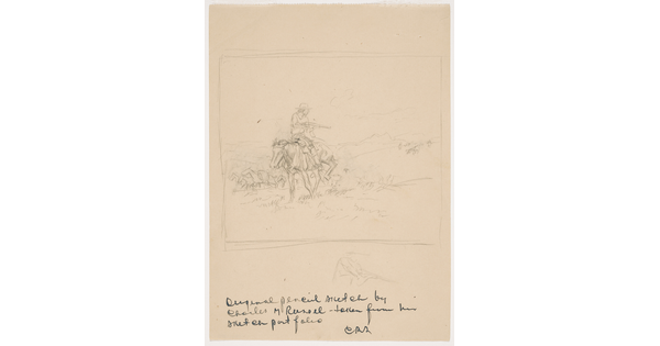 A sketch of a cowboy on a galloping horse pointing a rifle behind him.