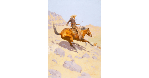 An oil  painting of a cowboy riding a horse that is sliding down a steep, rocky incline.
