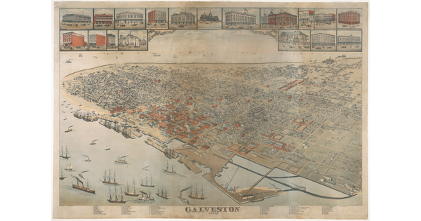 A color print showing a birds-eye-view of a coastal city with illustrations of prominent buildings in separate frames across the top.