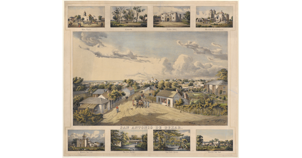A color print of a street lined with houses and horses pulling a wagon with the title "San Antonio de Bexar" with four smaller scenes above labelled: "Main Plaza," "Alameda," Alamo (1856)," "Mission de la Concepcion" and four smaller scenes below labelled: "Mission San Jose," "The New Bridge," "San Pedro Spring," "Mission San Juan."