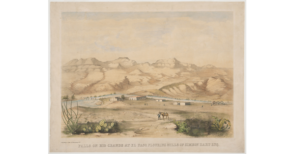 A color print of a mountain landscape and a river running through a small town.