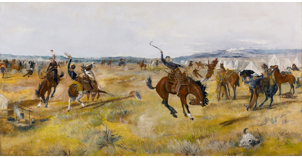 An oil painting of cowboys riding bucking horses, with a large camp of tents, cowboys, and horses in the background.