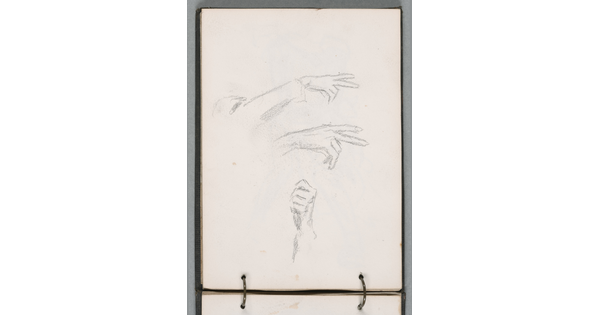 Pencil sketches of three hands in various positions in a ringed sketchbook.