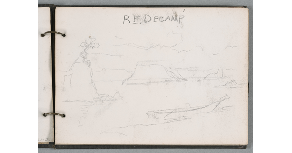 A faint pencil sketch in a ringed notebook of a landscape.