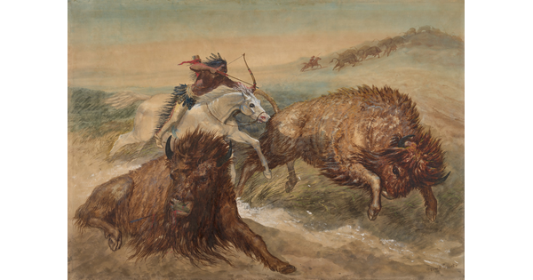 A watercolor of a Native American man on horseback shooting a bow and arrow at one bison while another lies injured nearby.