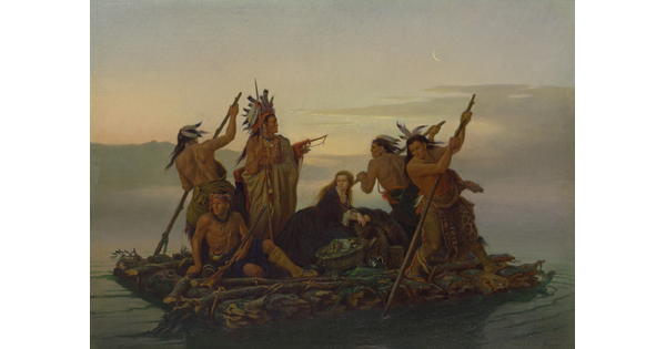An oil painting of Indigenous people rowing a log raft on which sits a White woman.