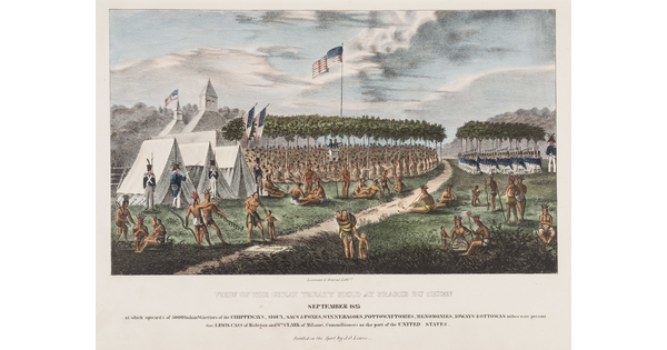 A color print of a large group of Indigenous figures listening to two White men at a podium, a group of soldiers seated in chairs next to them, and in the foreground, Indigenous people in various activities in front of three white tents.