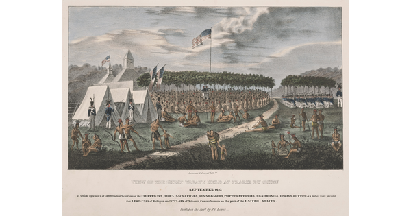 A color print of a large group of Indigenous figures listening to two White men at a podium, a group of soldiers seated in chairs next to them, and in the foreground, Indigenous people in various activities in front of three white tents.