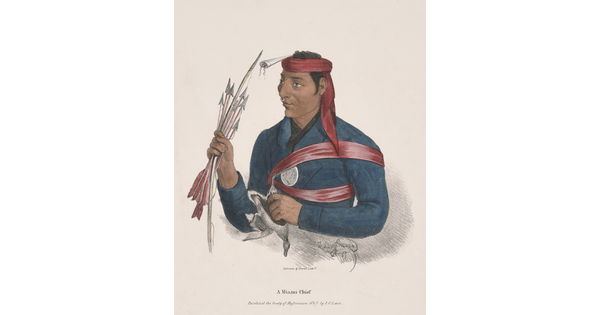 A color print of an Indigenous man wearing a red scarf around his head, silver ring in his septum, blue jacket with a red sash, holding a bow and arrows in his right hand, a bird carcass in the other.
