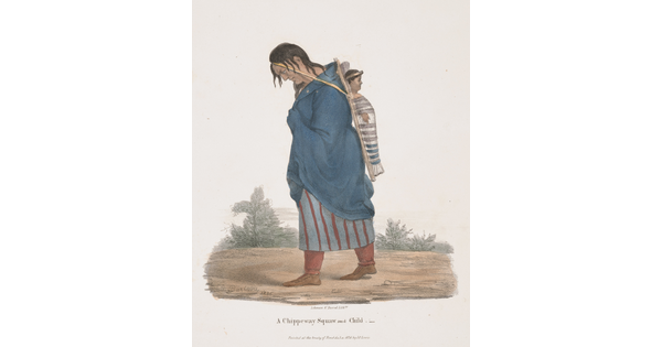 A color print of an Indigenous woman with long hair, a blue blanket or shawl wrapped over a red and gray dress, a child on a cradleboard slung on her back.