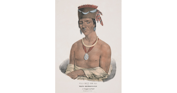 A color print of an Indigenous man wearing a fez-like hat decorated with feathers and ribbons, silver earrings and septum ring, a silver medallion and a gold necklace, white cloth wrapped around his torso and arms.