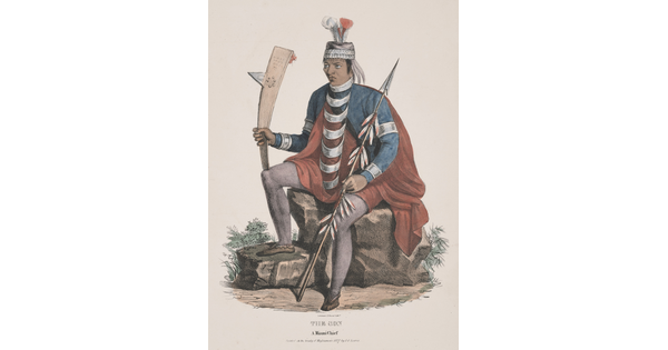 A color print of a seated Indigenous man wearing a beaded cap with red and white feathers, red and blue tunic with a white ladder-like necklace, a spear in one hand and a war club in the other.