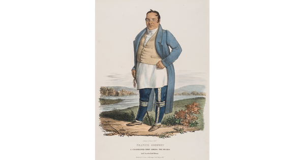 A color print of a light-skinned man wearing a long white shirt under a vest, a long blue coat, and dark blue pants on the bank of a river.