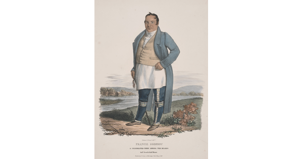A color print of a light-skinned man wearing a long white shirt under a vest, a long blue coat, and dark blue pants on the bank of a river.