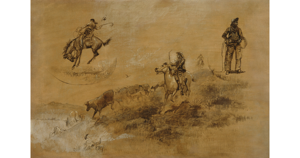 A painting featuring multiple vignettes: a cowboy on a bucking bronco, a cowboy herding cattle, and a standing cowboy with a rope looped around one arm.