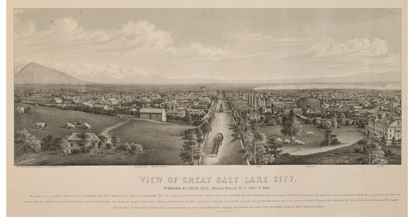 A black-and-white print of farmland in the foreground, then a city on either side of a wide street, a large lake beyond the city, and mountains in the distance.