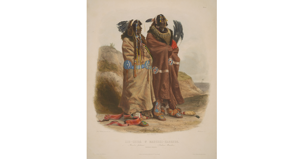 A color print of two Native American people standing side-by-side, both wearing feathered headdresses, necklaces, and wrapped in blankets.