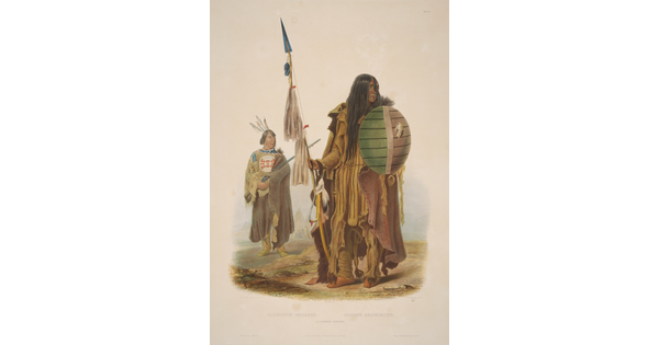 A color print of two Native American people: the one in the foreground has a painted face, is wearing animal skin blankets, holding a spear in one hand and a shield in the other.