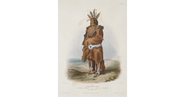 A color print of an Indigenous man with feathers in his hair, draped in a fringed animal skin blanket over beaded leggings and moccasins.