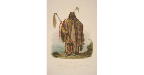 A color print of an Indigenous man with a single feather in his dark hair, wearing an animal skin tunic and a blanket draped over one shoulder, cradling a long pipe in one arm.