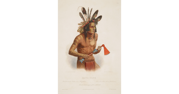 A color print of an Indigenous man wearing a feathered headdress, face and torso painted in red and white, wearing a red loincloth, and holding a red hatchet.