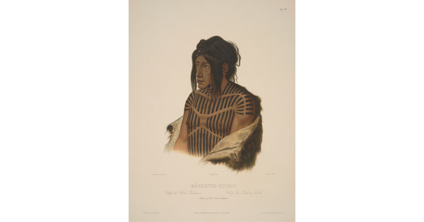 A color print of an Indigenous man with long black hair, his bare chest decorated with black vertical lines, and an animal skin around his arms.