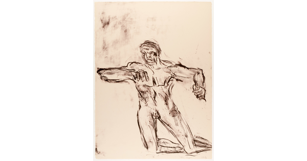 An abstract black-and-white print of a kneeling nude man in a sketch-like style.