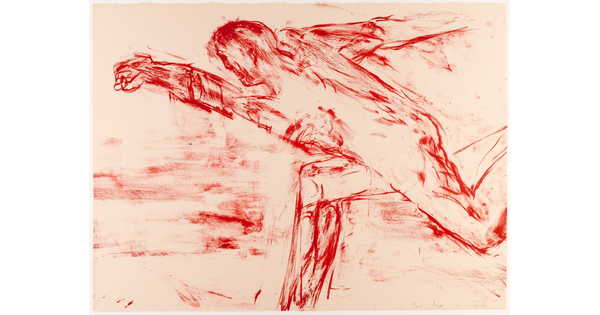 An abstract color print in red of a man running.