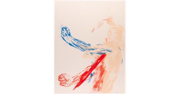 An abstract color print of a faintly-colored man with blue left arm and red right arm; a stream of red blood flows from his upper right torso.