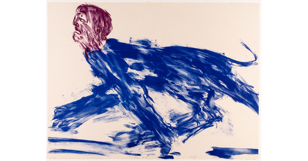 An abstract color print of a creature with a blue animal-like body and a red human-like head.