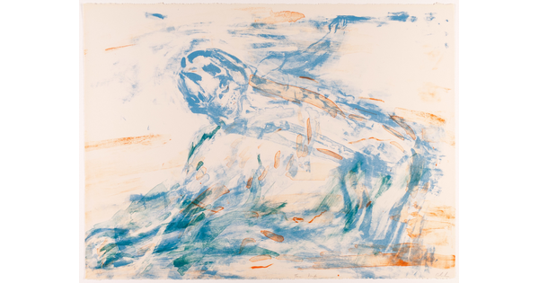 An abstract color print of a blue, animal-like form on all fours with orange and green accents.