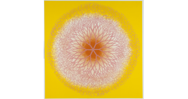 A color print of a stylized pink and white blooming plant, made up of a kaleidoscope of geometric shapes, on a bright yellow background.