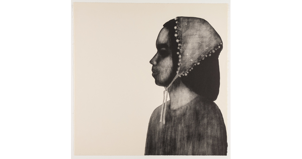 A black-and-white print of a young girl in profile with a kerchief tied around her head.