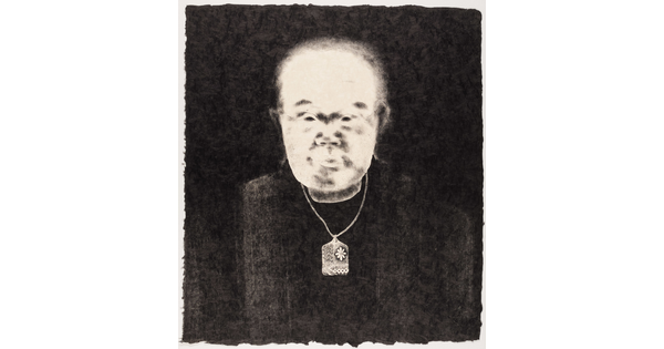 A black-and-white print of an abstracted man with Asian features, a bright white face, and wearing a delicate patterned necklace all on a black background.