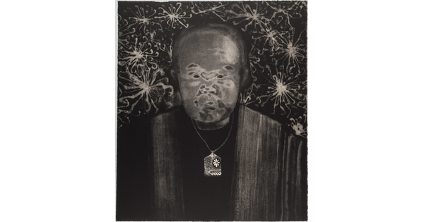 A black-and-white print of an abstracted man with Asian features, a gray face, and wearing a delicate patterned necklace all on a dark background filled with flower-like designs.