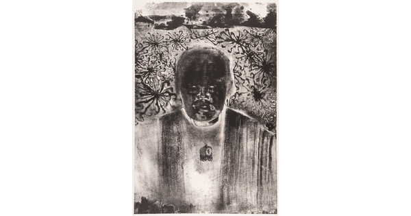 A black-and-white print of an abstracted man with Asian features, a dark face on a light background filled with flower-like black shapes.