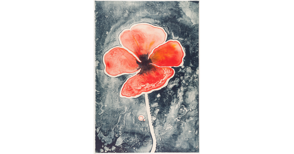 An abstract color print of a single red flower with a black and gray background.