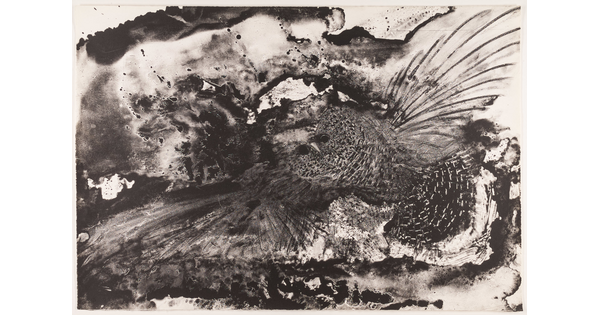 A black-and-white print of an owl with outstretched wings flying on an abstract splattered background.