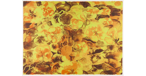 An abstract color print of intertwined yellow and orange flowers against brown rocks.