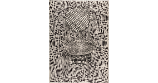 A black-and-white abstract print of a chair with lots of dots radiating out from the chair off the page.