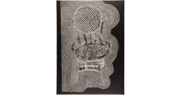 A black-and-white abstract print of a chair with lots of dots radiating out from the chair to a black background.