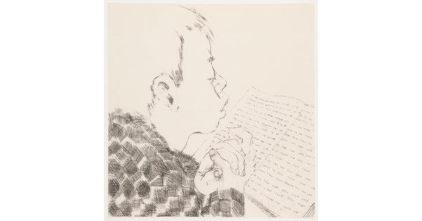 A black-and-white print of a young boy reading a book with his hands clasped together.