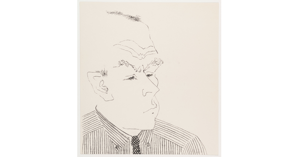 A black-and-white print of a line drawing of a White man with bushy eyebrows wearing a striped shirt and tie.