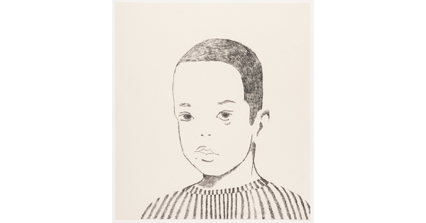 A black-and-white print of a line drawing of a boy with short, dark hair wearing a striped shirt.