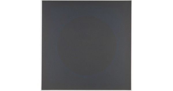 A color print of a circle defined by faint a blue spattered outline in the center of a dark gray square.