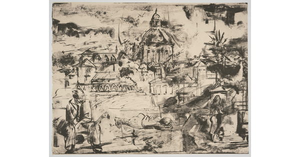 A black-and-white print of a cityscape, buildings, a monument, and people including a man sitting on a bench and a person lying down, all in a sketchy style.