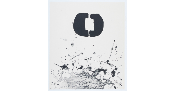 A black-and-white abstract print of splatter and drip-like shapes under two black half-circle-like shapes that together create a rectangle in their centers.