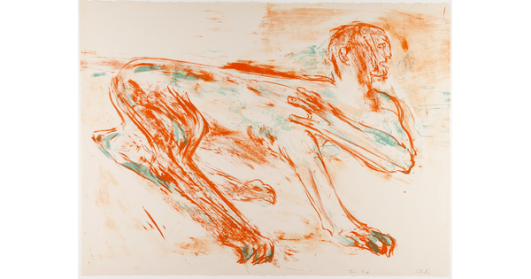 An abstract color print of a creature with an animal body and a human head in drawn in sketchy orange strokes.