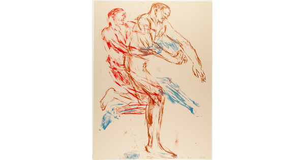 An abstract color print of two nude men, one in red grabbing the other one in brown around the waist.