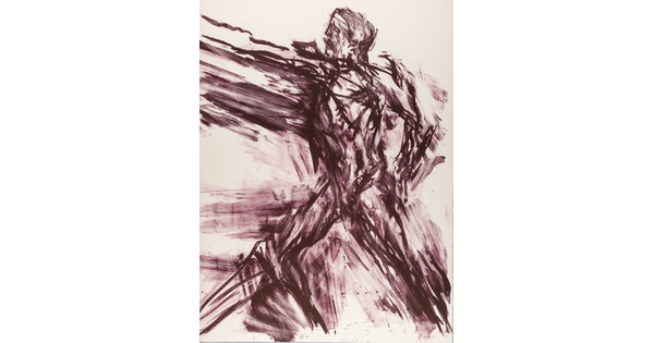 An abstract color print of a nude male figure, drawn in purple, throwing a punch to the left.